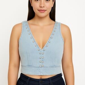NWT House of Harlow Denim Studded Cropped Top (8)